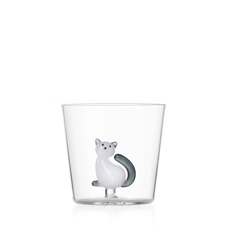 Bicchiere acqua con decoro interno in vetro borosilicato a forma di gatto bianco e grigio seduto