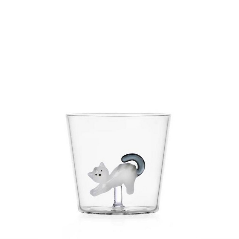Bicchiere acqua con decoro interno in vetro borosilicato a forma di gatto bianco e grigio