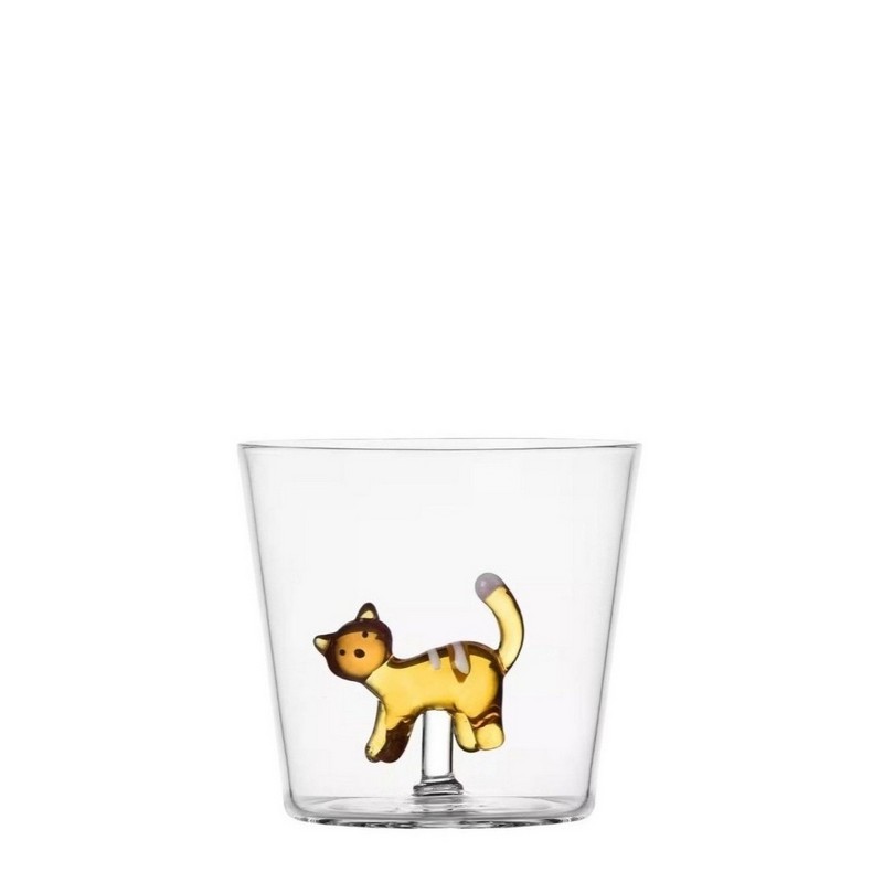 Bicchiere acqua con decoro interno in vetro borosilicato a forma di gatto color ambra
