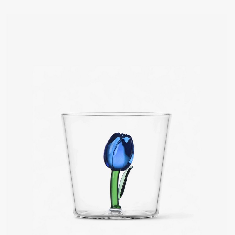 Bicchiere acqua con decoro interno a forma di tulipano blu in vetro borosilicato
