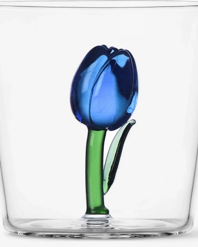 Bicchiere acqua con decoro interno a forma di tulipano blu in vetro borosilicato