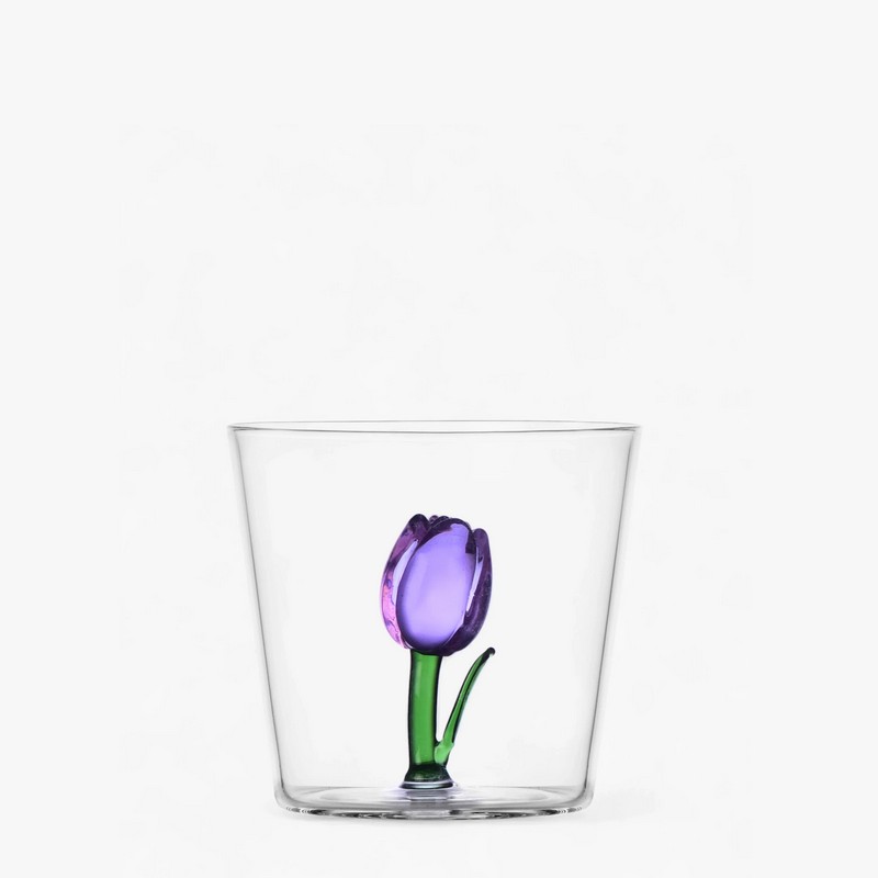 Bicchiere acqua con decoro interno a forma di tulipano lilla in vetro borosilicato