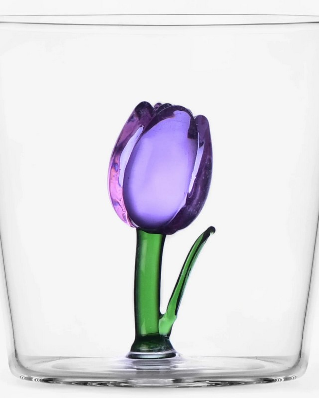 Bicchiere acqua con decoro interno a forma di tulipano lilla in vetro borosilicato