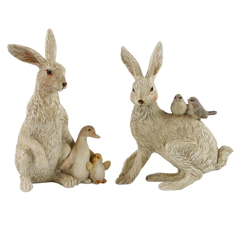 Lepre in resina con animali in 2 varianti assortite, anatre o uccellini, perfetta per le tue decorazioni di Pasqua
