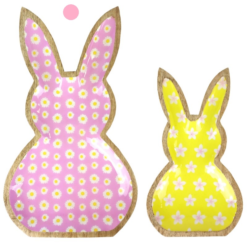 Ciotola in legno di mango a forma di coniglio con interno rosa, perfetta come decoro o regalo di Pasqua