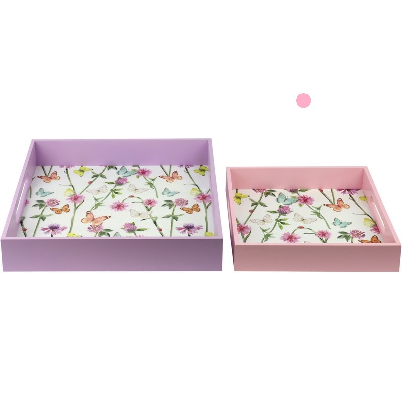 Vassoio in legno rosa decorato con farfalle e fiori, perfetto come decorazione primaverile