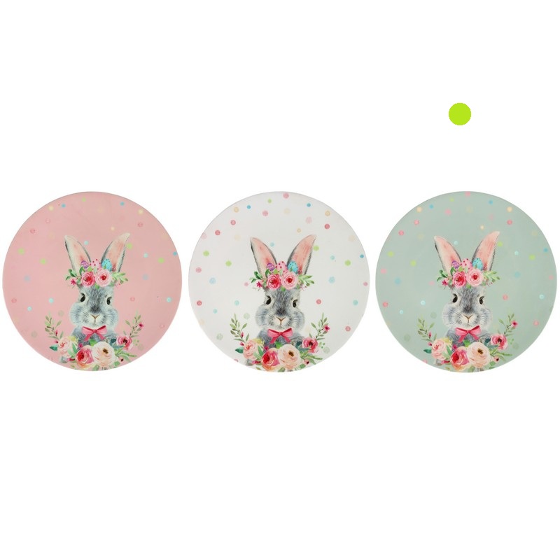 Piatto decorativo azzurro in plastica con coniglio di Pasqua