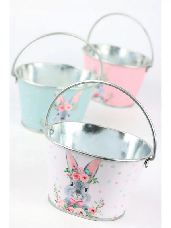 Cesto di latta rosa con coniglio pasquale, perfetto come vaso e portaoggetti o come decorazione di Pasqua