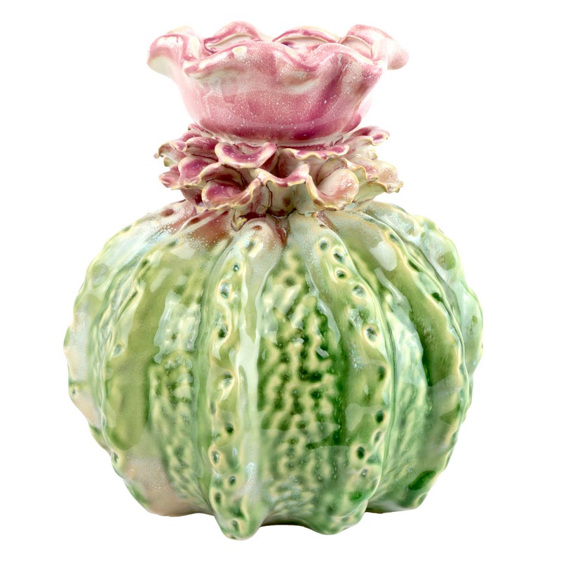 Vaso a forma di cactus verde e rosa in ceramica