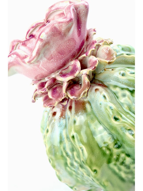 Vaso a forma di cactus verde e rosa in ceramica