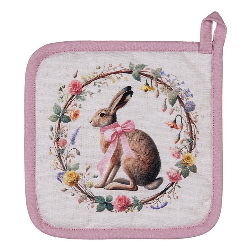 Presina da cucina in cotone decorato con lepre con fiocco rosa in ghirlanda, perfetto come regalo di Pasqua