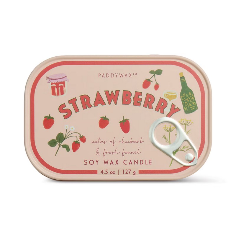 Candela profumata alla fragola con note di rabarbaro e finocchio fresco in latta vintage, realizzata in cera di soia con due stoppini, perfetta come candela particolare da regalare