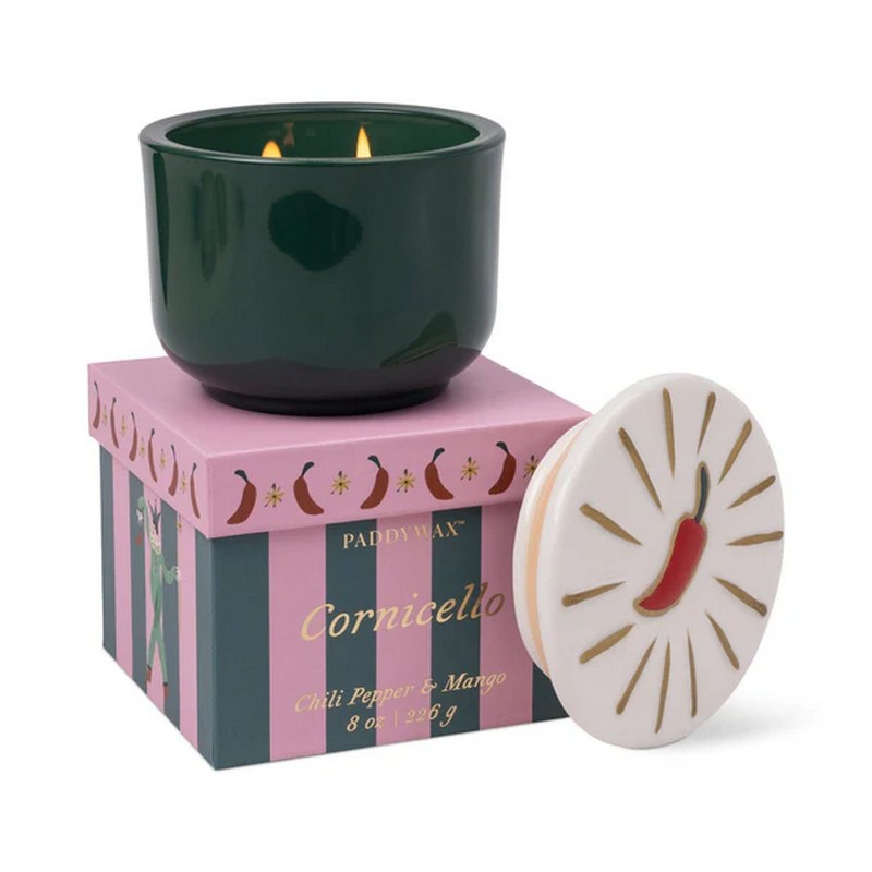 Candela profumata al peperoncino e mango in barattolo di ceramica con coperchio con peperoncino in scatola regalo, realizzata in cera di soia con due stoppini, perfetta come candela particolare da regalare