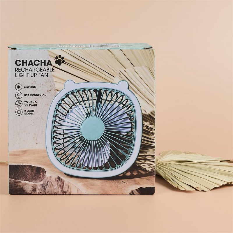 Ventilatore da tavolo o da appendere con luce verde con 2 modalità di luce e 3 velocità, perfetto come alleato estivo contro il caldo