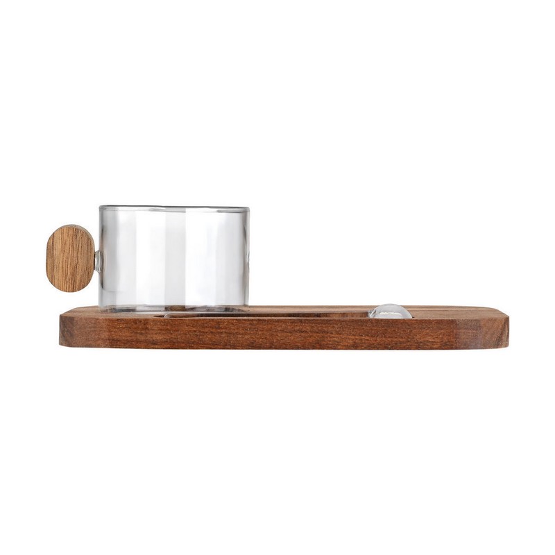 Set tazza mug e cucchiaino in vetro borosilicato con vassoio in legno di acacia