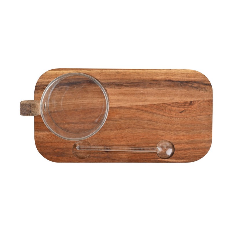 Set tazza mug e cucchiaino in vetro borosilicato con vassoio in legno di acacia