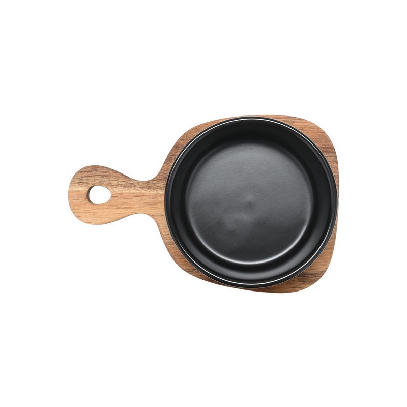 Ciotola da portata nera in ceramica con base e cucchiaio in legno di acacia, adatta al contatto con gli alimenti