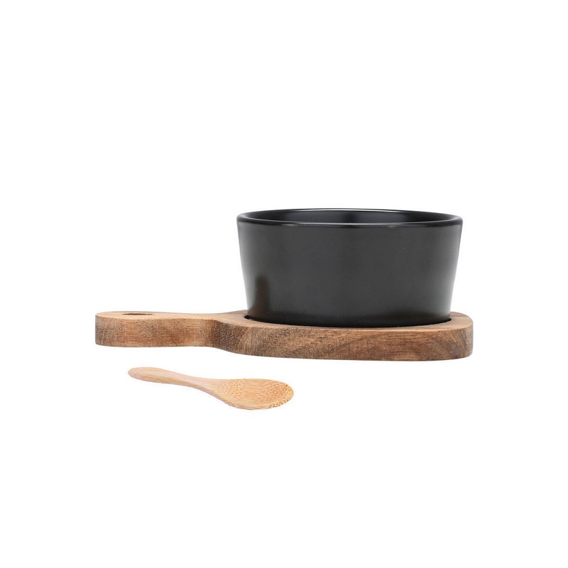 Ciotola da portata nera in ceramica con base e cucchiaio in legno di acacia, adatta al contatto con gli alimenti