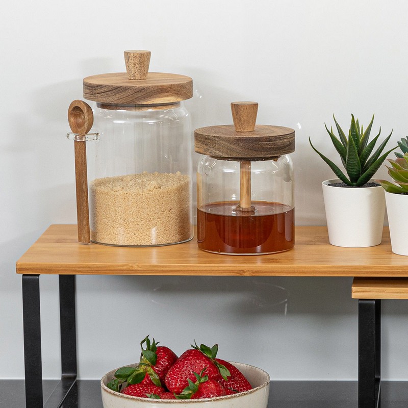 Barattolo in vetro borosilicato con coperchio e cucchiaino in legno di acacia, capacità 850 ml