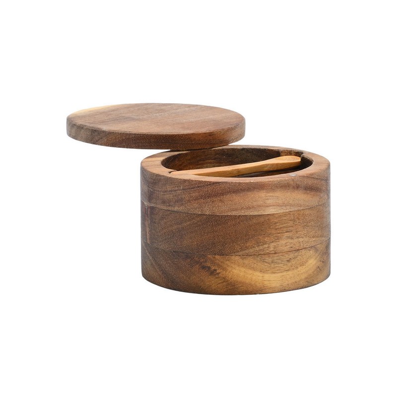 Barattolo per spezie diviso in 2 scomparti con coperchio e cucchiaino, il tutto in legno di acacia