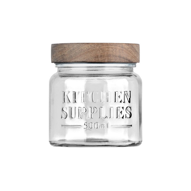 Barattolo in vetro con coperchio in legno e scritta “Kitchen supplies”, capacità 500 ml