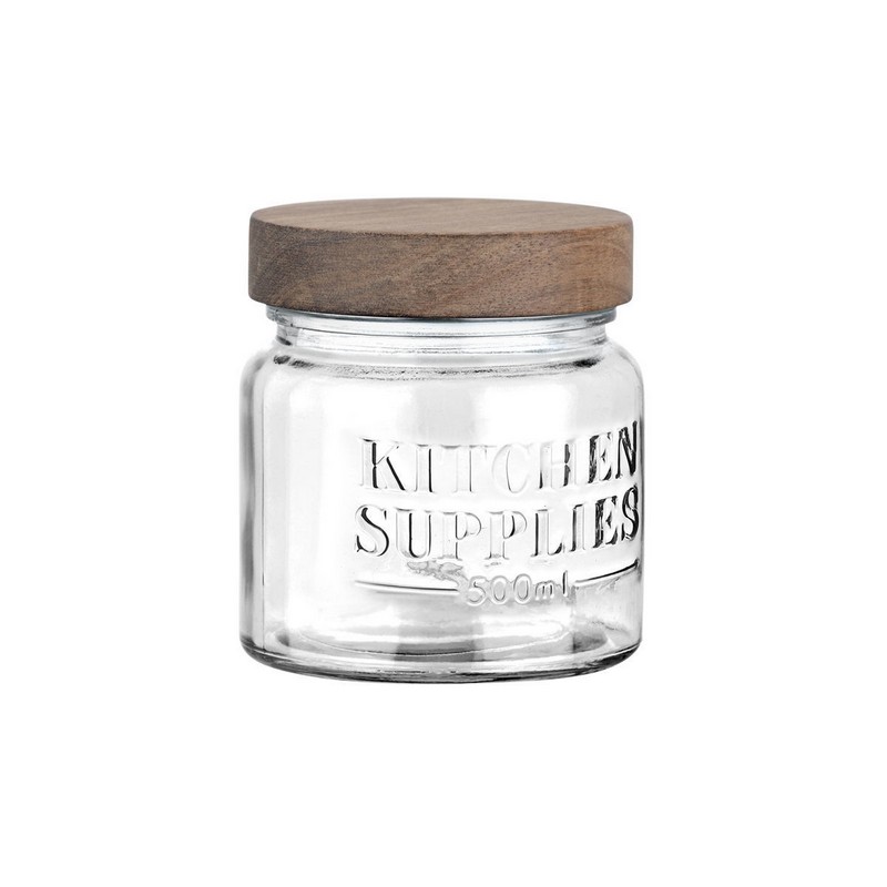 Barattolo in vetro con coperchio in legno e scritta “Kitchen supplies”, capacità 500 ml