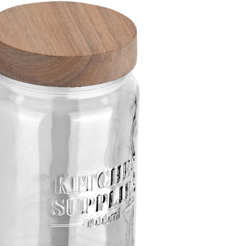 Barattolo in vetro con coperchio in legno e scritta “Kitchen supplies”, capacità 1 litro