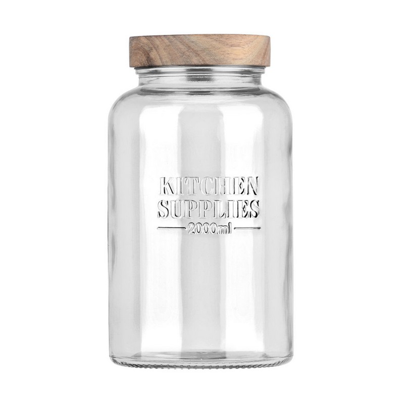 Barattolo in vetro con coperchio in legno e scritta “Kitchen supplies”, capacità 2 litri