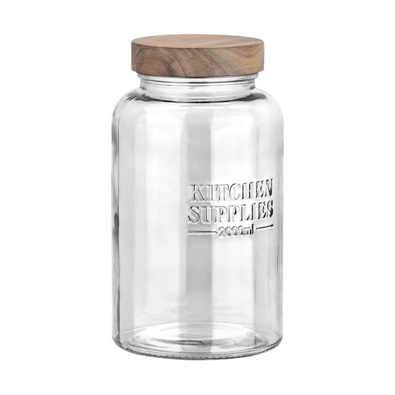 Barattolo in vetro con coperchio in legno e scritta “Kitchen supplies”, capacità 2 litri