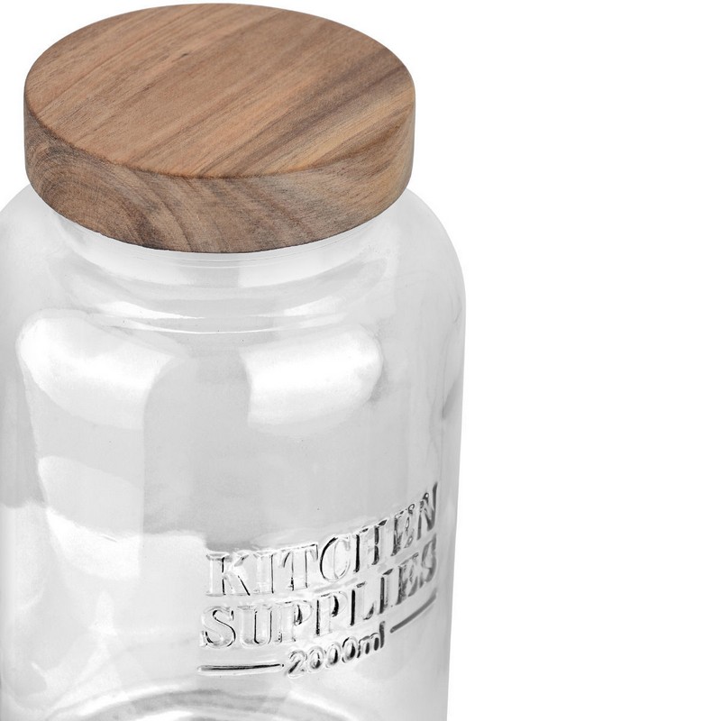 Barattolo in vetro con coperchio in legno e scritta “Kitchen supplies”, capacità 2 litri