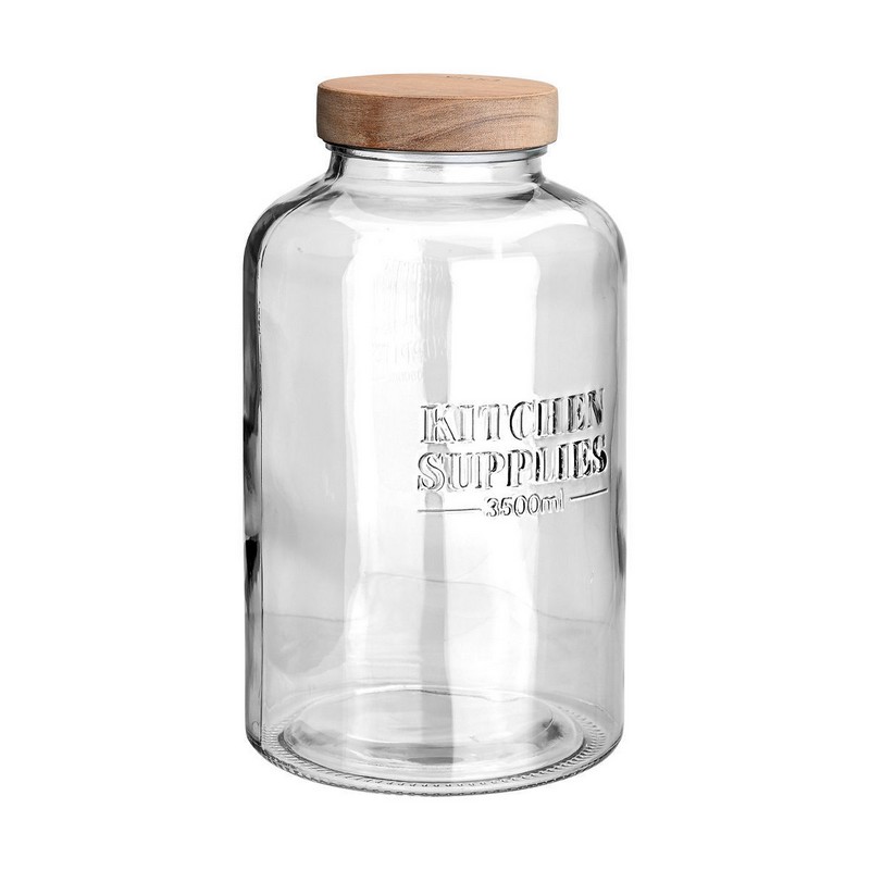 Barattolo in vetro con coperchio in legno e scritta “Kitchen supplies”, capacità 3.5 litri