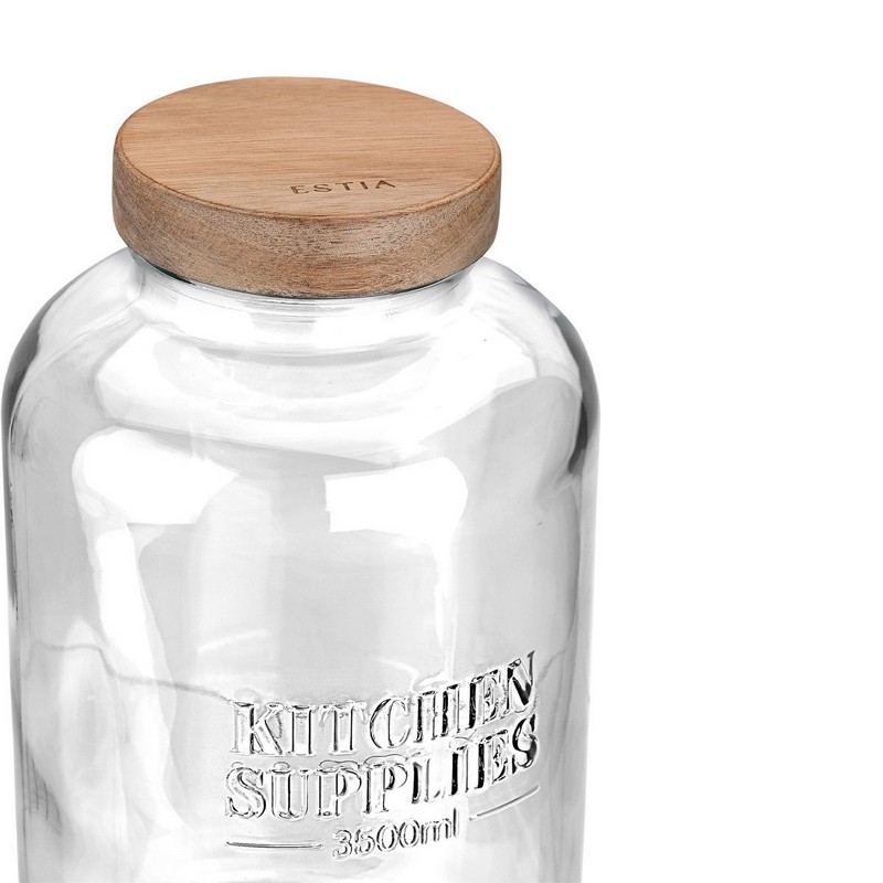 Barattolo in vetro con coperchio in legno e scritta “Kitchen supplies”, capacità 3.5 litri