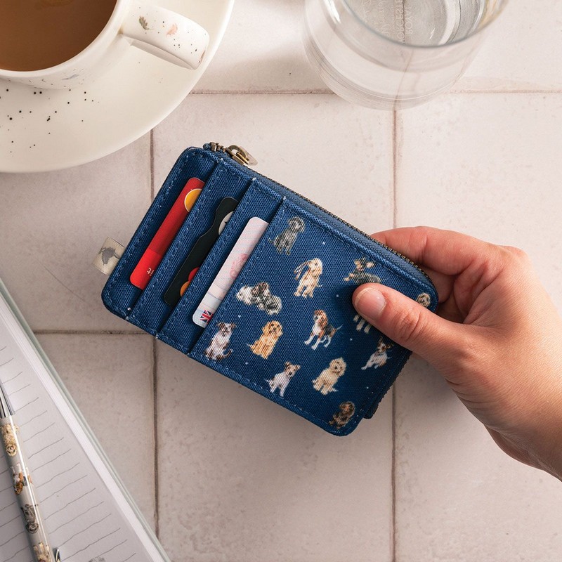 Portacarte e monete blu decorato con cani, utilizzabile anche come portafoglio, con fodera interna con motivo a tema