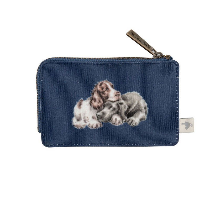 Portacarte e monete blu decorato con cani, utilizzabile anche come portafoglio, con fodera interna con motivo a tema