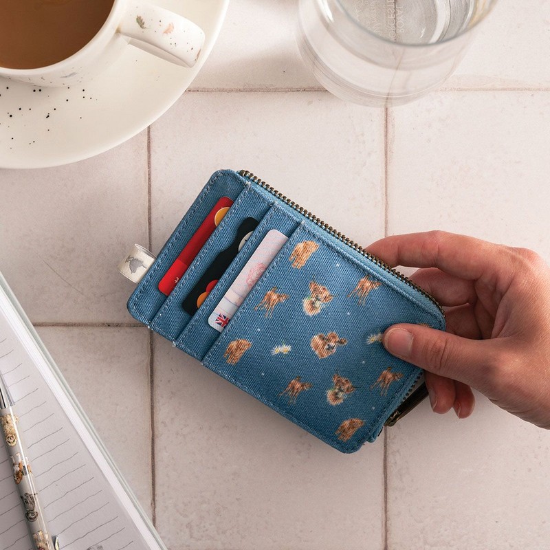 Portacarte e monete azzurro decorato con mucca Highlander, utilizzabile anche come portafoglio, con fodera interna con motivo a tema