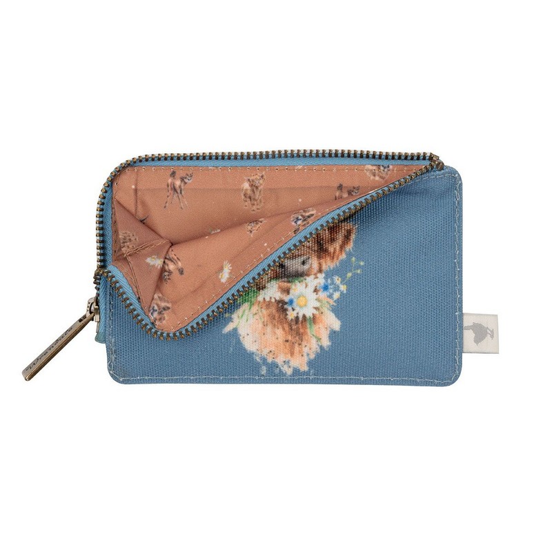 Portacarte e monete azzurro decorato con mucca Highlander, utilizzabile anche come portafoglio, con fodera interna con motivo a tema