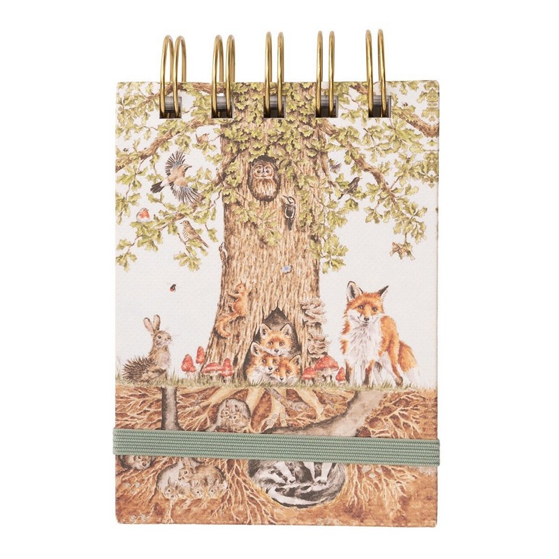 Taccuino da campo con rilegatura a spirale decorato con animali del bosco, con pagine sia bianche che a righe ed elastico per tenerlo chiuso