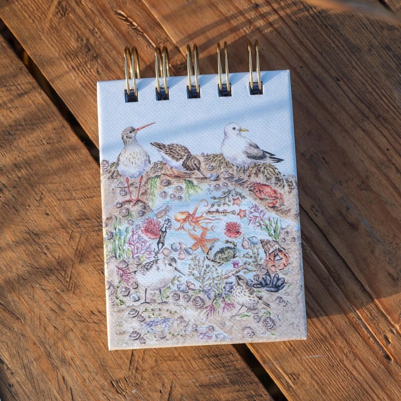 Taccuino da campo con rilegatura a spirale decorato con animali del mare, con pagine sia bianche che a righe ed elastico per tenerlo chiuso