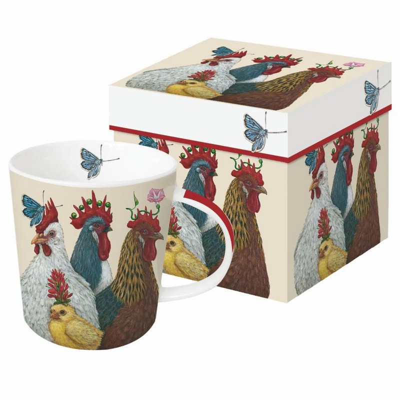 Tazza mug con tre galline e pulcino con piante o farfalla in testa in scatola regalo 