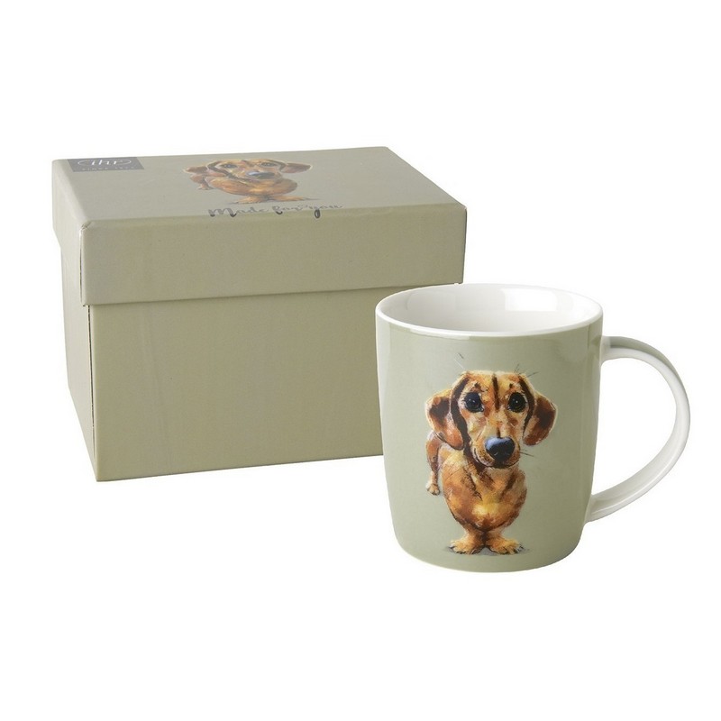 Tazza mug in ceramica decorata con bassotto in scatola regalo con decoro abbinato