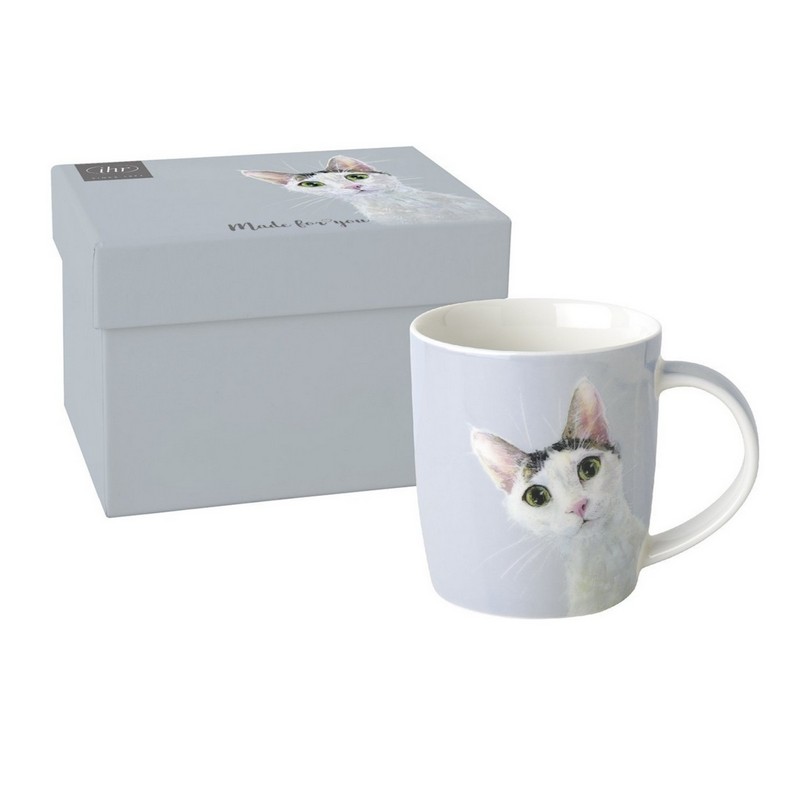 Tazza mug in ceramica decorata con gatto in scatola regalo con decoro abbinato