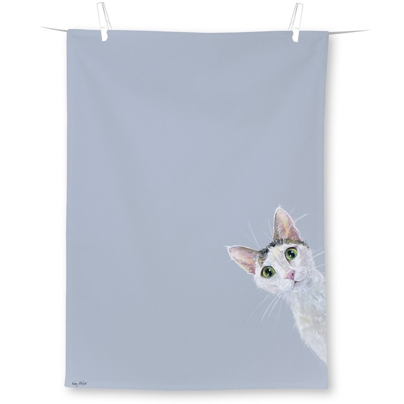 Strofinaccio da cucina in cotone decorato con gatto su fondo azzurro