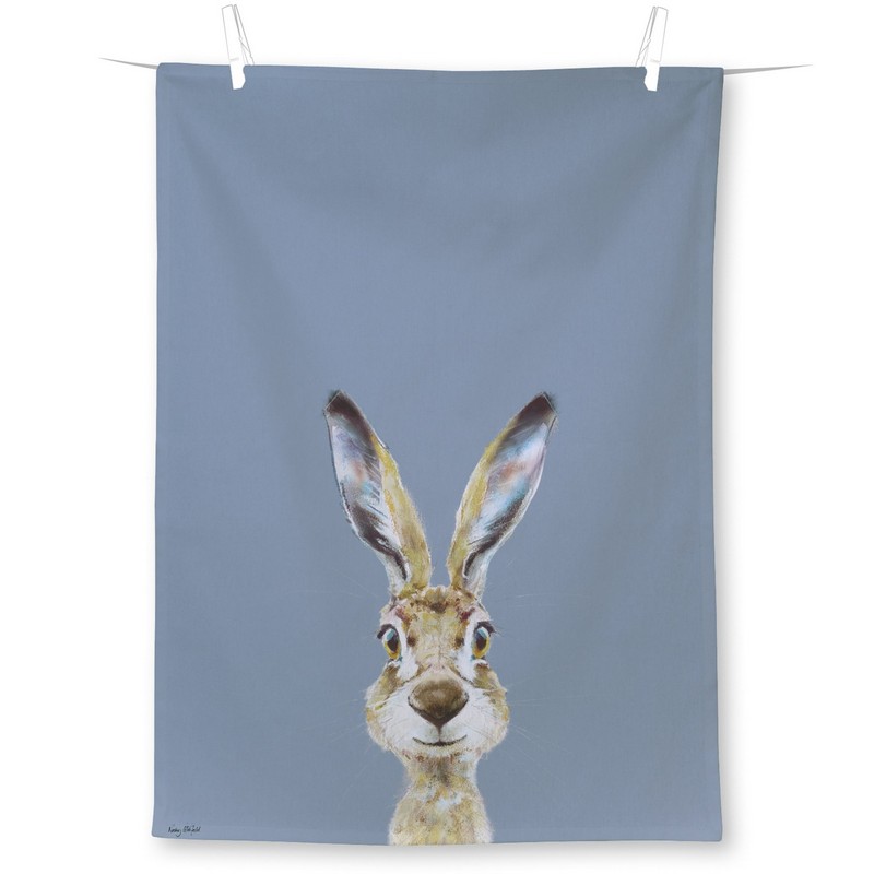 Strofinaccio da cucina in cotone decorato con lepre su fondo blu