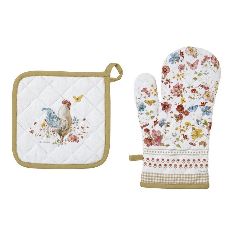 Set guanto forno e presina in misto cotone decorati con gallo, fiori e farfalle, perfetto come regalo di Pasqua