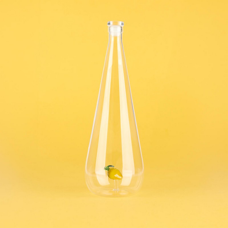 Bottiglia in vetro borosilicato con tappo e decoro interno fatto a mano a forma di limone