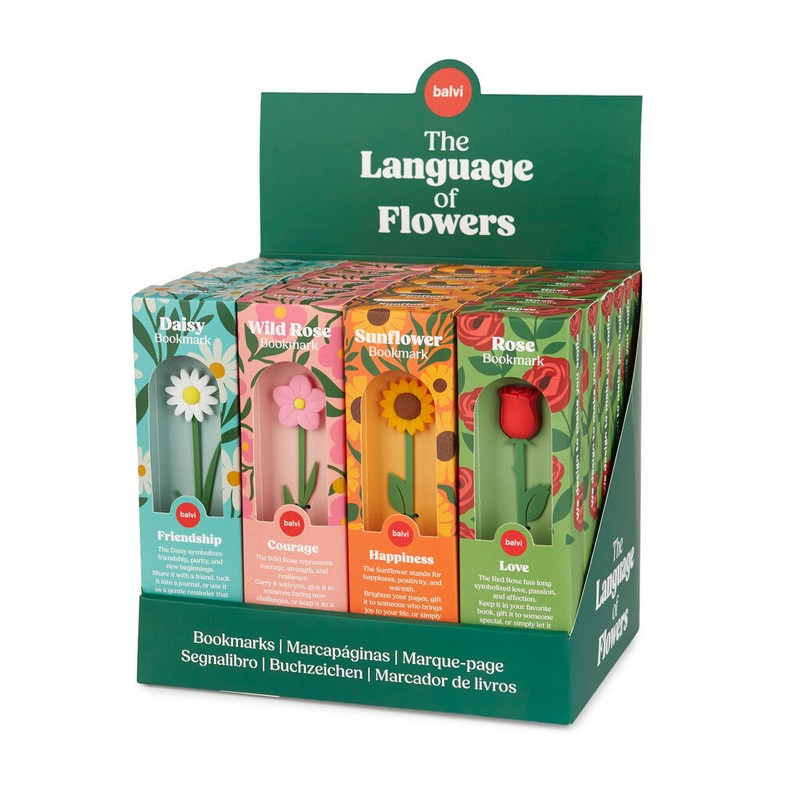 Segnalibro a forma di fiore in scatola con dedica e significato dei fiori, in 4 varianti assortite: girasole, tulipano, margherita e rosa selvatica