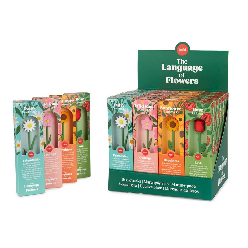 Segnalibro a forma di fiore in scatola con dedica e significato dei fiori, in 4 varianti assortite: girasole, tulipano, margherita e rosa selvatica
