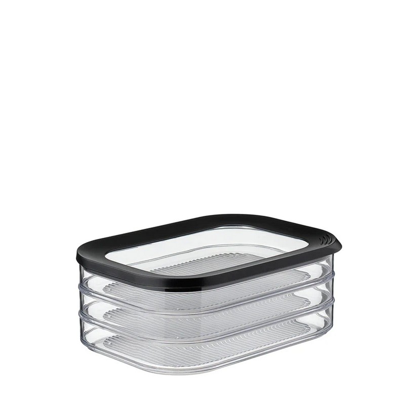 Barattolo da cucina ermetico e trasparente per frigo con coperchio nero e 3 piani, 550 ml di capacità