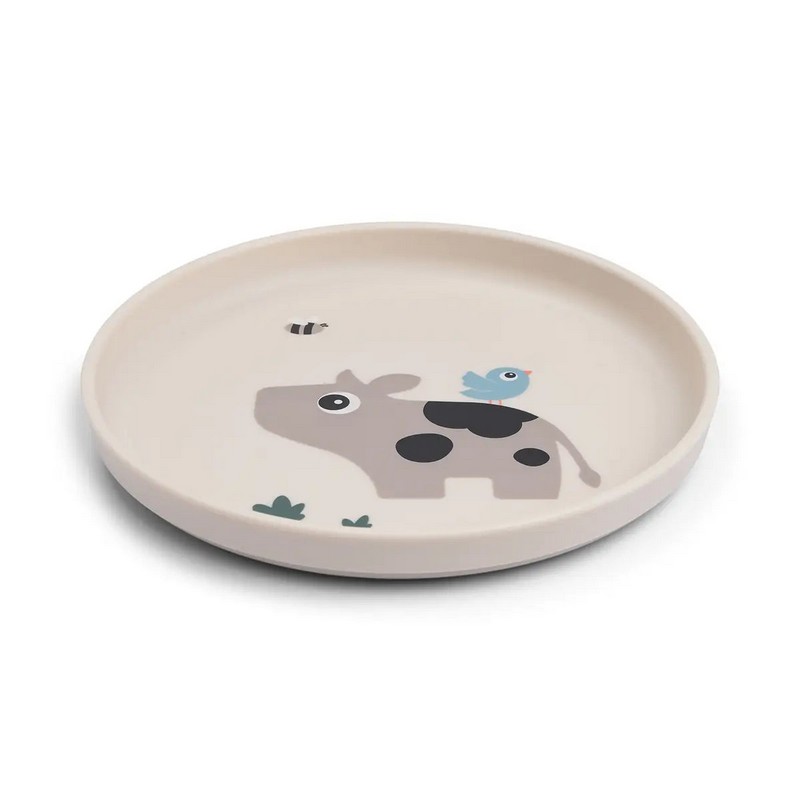 Piatto antiscivolo per bambini color sabbia decorato con mucca