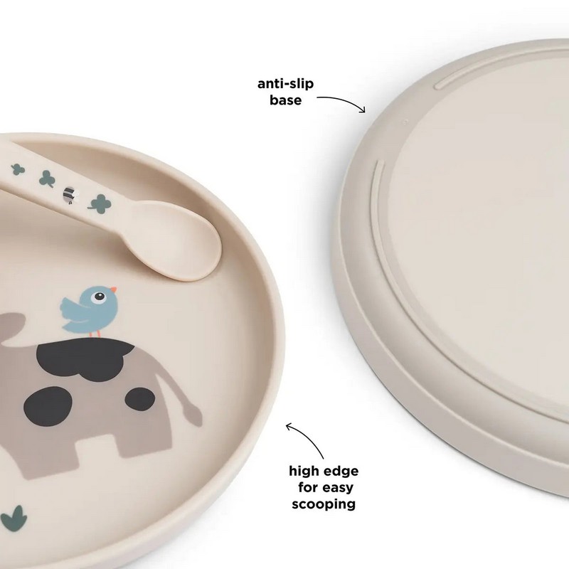 Piatto antiscivolo per bambini color sabbia decorato con mucca